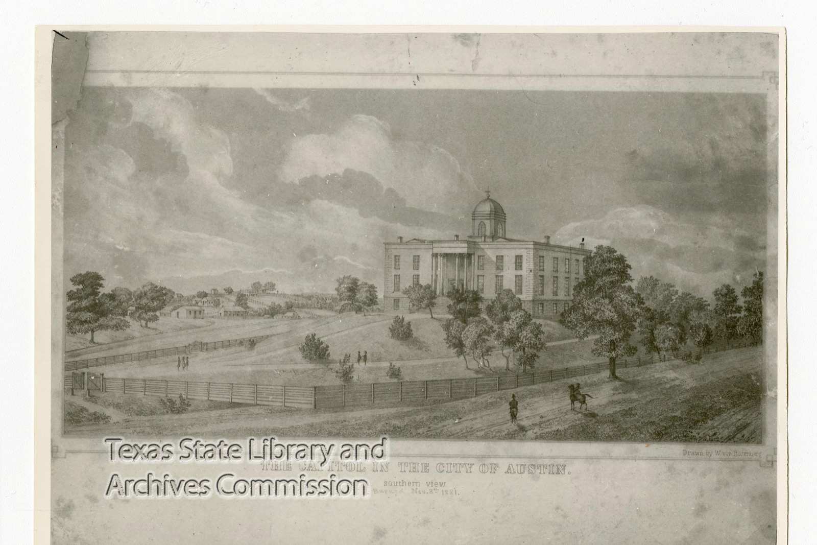 Engraved view of the domed Texas Capitol on a hill above a fenced road, with a rider and figures walking in the foreground and a handwritten note of the fire below the title.
