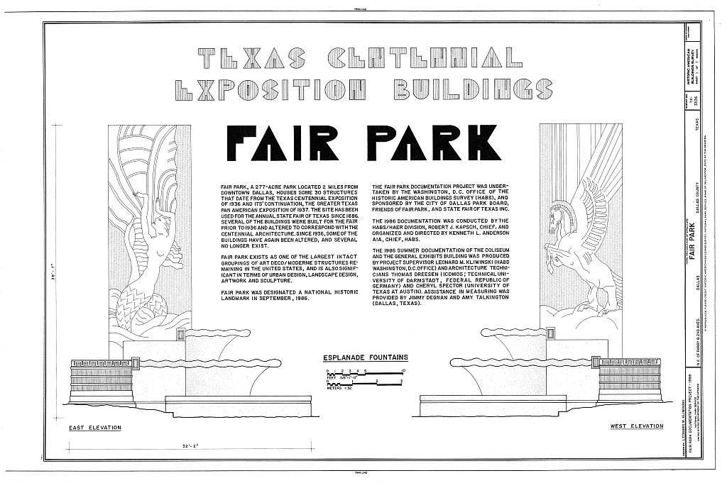 Measured drawing sheet titled Texas Centennial Exposition Buildings, Fair Park, with elevations of the esplanade fountains, stylized sculptural reliefs on either side and two columns of typed notes.